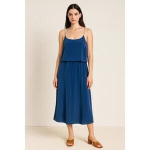 SAFFIE California navy blue 100% silk blouson maxi slip dress size medium